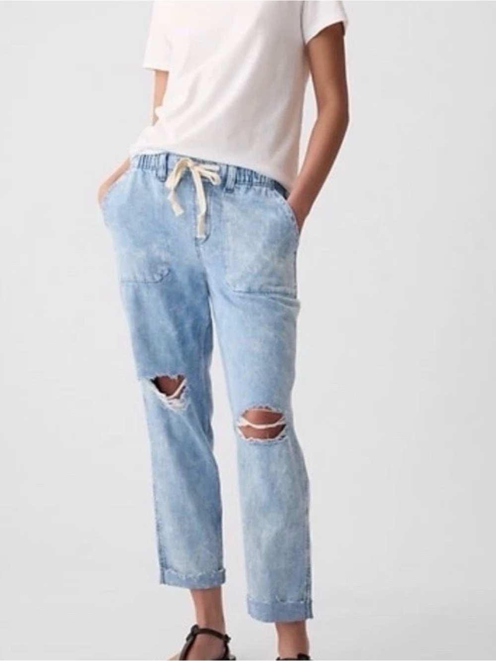 GAP Light Blue Straight-Leg Ripped Jeans with Tie Waist